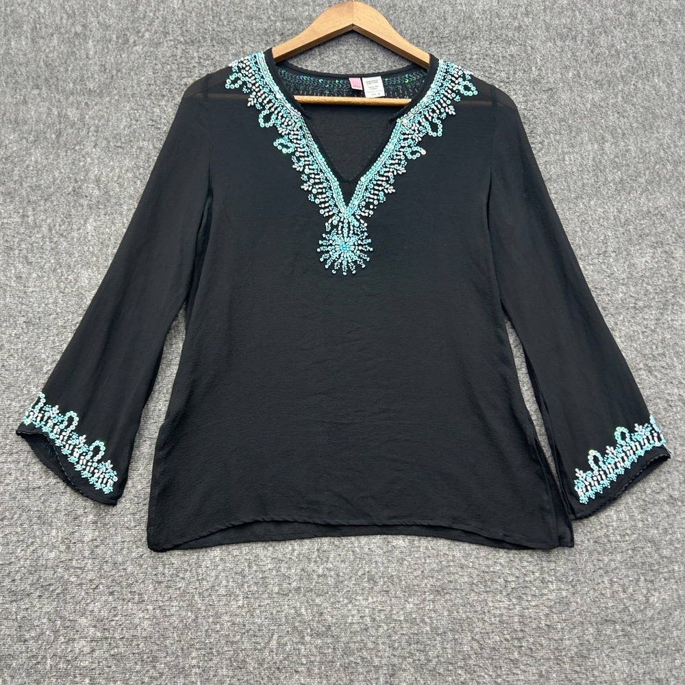 Itsu Silk Top Size 4 Long Sleeve Blouse Beaded Sequin Black Blue Grandma Coastal